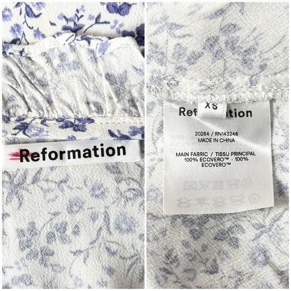 REFORMATION Micro Floral Print Puff Long Sleeve Ruffle Collar Tie V-Neck Top XS - Picture 6 of 7
